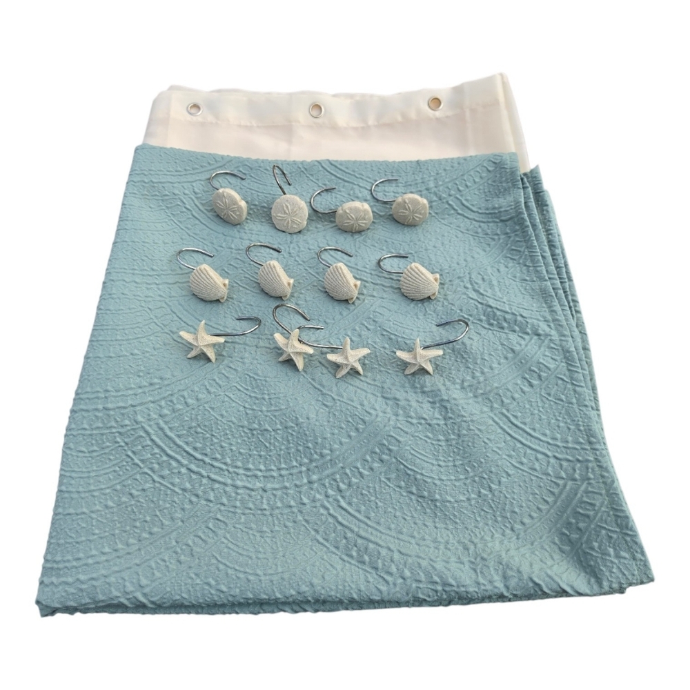 Shower curtain white starfish shell-shaped hooks The Big One Fabric 72 H x 70 W
